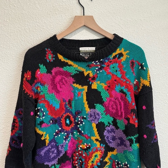 VTG 90's Forenza Hand Knitted Colorful Retro Sweater Bright Floral Funky Groovy - Picture 2 of 8